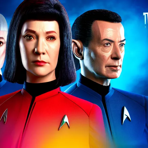 Prompt: Star Trek TNG crew portrait photo, Cyberpunk 2049, highly detailed, photorealistic, Unreal engine, Octane render, Weta digital, HDRP, RTX, volumetric lighting