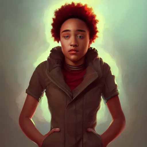 Prompt: an insanely detailed portrait of a beautiful inventor that looks like amandla stenberg with short straight red hair, wearing dorky clothes, in the style of peter mohrbacher, artgerm, dramatic lighting and composition, octane render, trending on artstation, concept art
