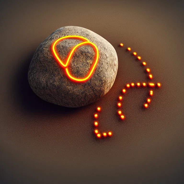 Image similar to photo of a large pebble with a glowing runes drawn on it. pebble is completely wrapped with copper wire like an electromagnet. extremely high details, octane rendering, cgsociety