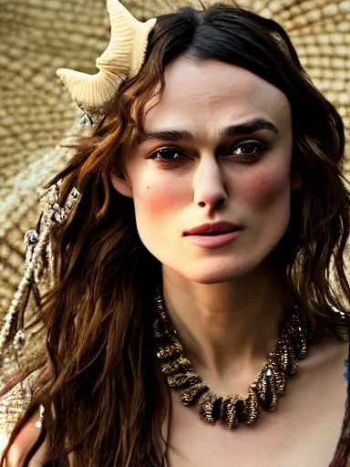 Prompt: a photograph of Keira Knightley with seashell necklace from the stage production of The Tempest taken with Nikon D3500, 4K UHD, high detail, photo realistic