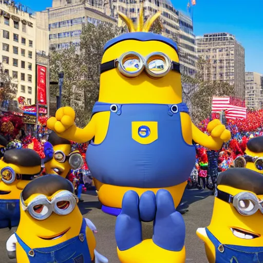 Image similar to photo of giant muscular minion parade float in the macys thanksgiving parade, detailed 4 k photo