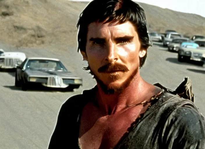 Image similar to film still of Christian Bale as Max in Mad Max 1979