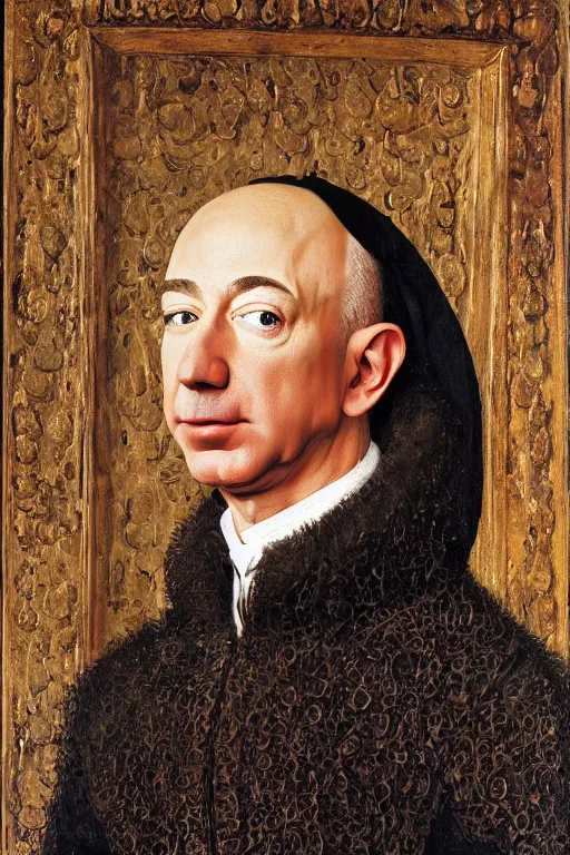 Prompt: portrait of jeff bezos!!! oil painting by jan van eyck, northern renaissance art, oil on canvas, wet - on - wet technique, realistic, expressive emotions, intricate textures, illusionistic detail