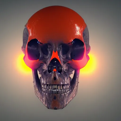Prompt: real human skull with robotic circular orange light electronic eyes in eye sockets, unreal engine, artstation, render