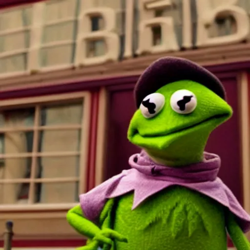 Prompt: kermit the frog, from the grand budapest hotel ( 2 0 1 4 )