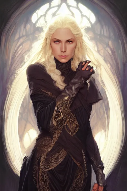 Image similar to portrait of an old blonde elven mage, dark, piercing eyes, gentle expression, elegant clothing, photorealistic, highly detailed, artstation, smooth, sharp focus, art by michael whelan, artgerm, greg rutkowski and alphonse mucha