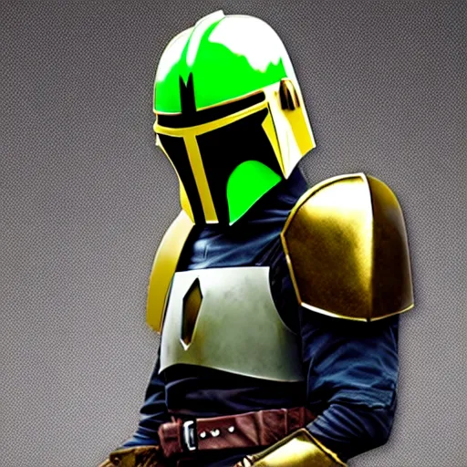 Prompt: Levi Ackerman wearing Mandalorian armor, helmet is off, helmet at his side, holding his helmet. The armor is gray, red, gold, green, and white
