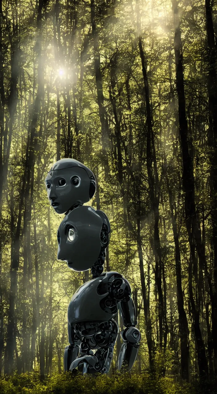 Image similar to a robot portrait in a movie, forest, cinematic shot, sun beams