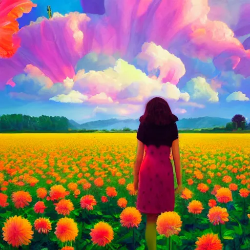 Image similar to giant dahlia flower head, full body girl standing in a flower field, surreal photography, sunrise, dramatic light, impressionist painting, colorful clouds, digital painting, artstation, simon stalenhag