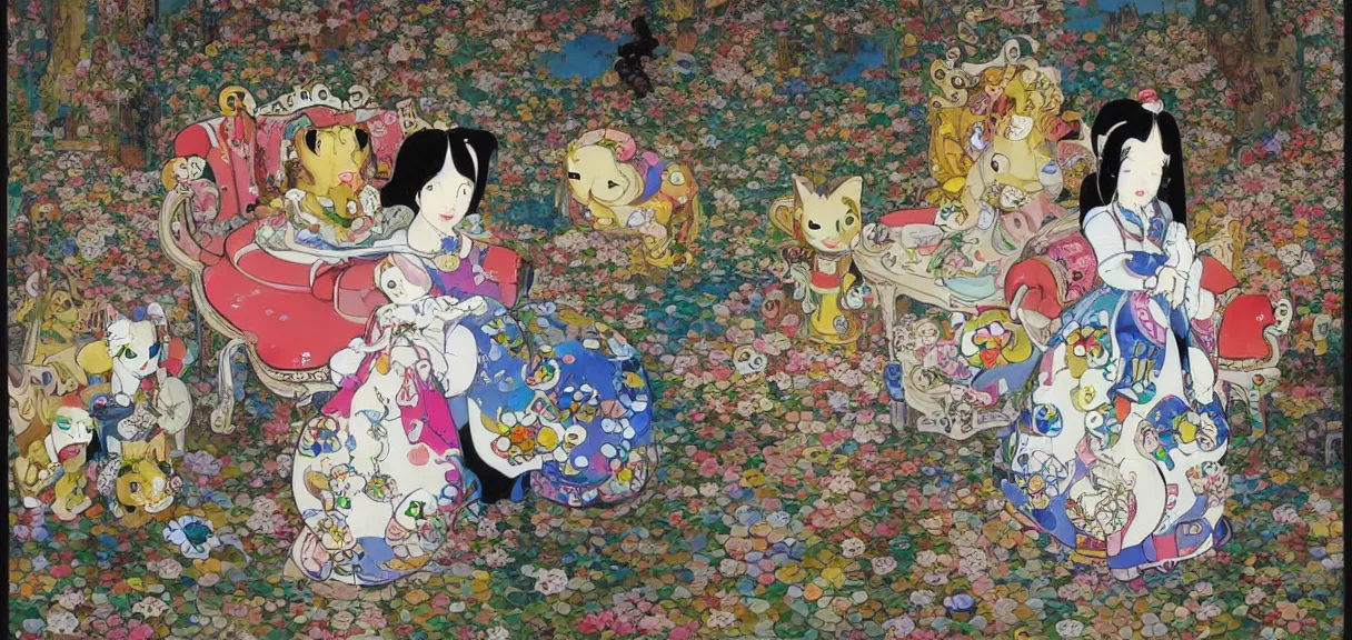 Image similar to a portrait of a princess in the castle with her cat by takashi murakami