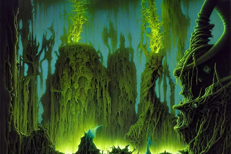 Prompt: shades of forgotten misery and despair by michael whelan and roger dean and brom and hubert robert and greg staples and donato giancola, beautiful, mythical, flesh robe, highly detailed, hyperrealistic, intricate, energy, electric, blue flame, low light, green crystal, high contrast, old and young, lifelike