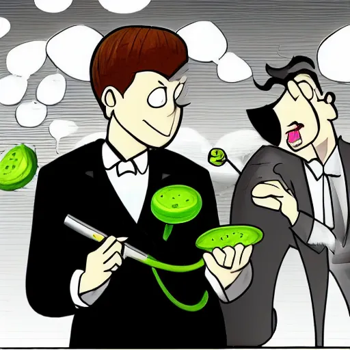 Prompt: two snails in business suits arguing over a last slice of cucumber, sci-fi, photorealisitc