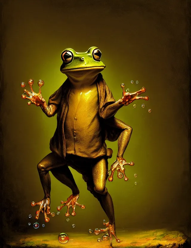 Prompt: an anthropomorphic bipedal frog that is wearing robes, a matte oil painting by rembrandt, in the style of a d & d character, floating bubbles, extreme pose, magic fog, concept art, award - winning, extremely detailed, sharp focus, 4 k