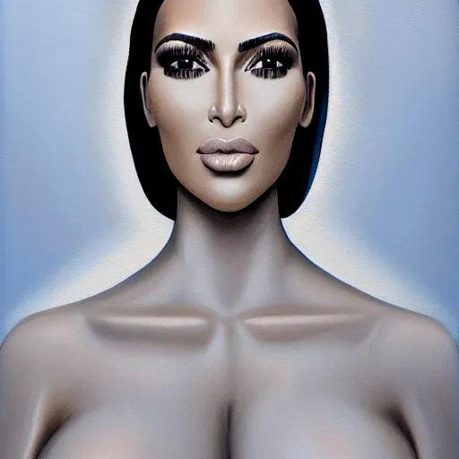 Image similar to a symmetrical portrait of kim kardashian, oil painting, pale colors, high detail, 8 k, wide angle, trending on artstation,