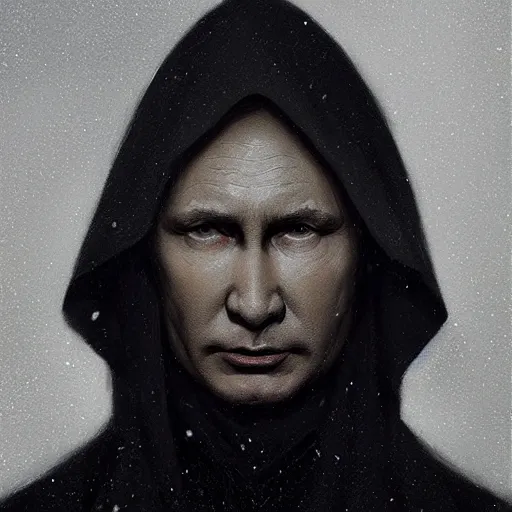 Image similar to portrait of Putin in a black cloak, glowing eyes, detailed face, highly detailed, cinematic lighting, digital art painting by greg rutkowski.