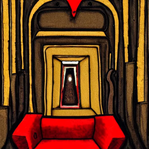 Image similar to a red chair surrounded by sinister and sinuous tools made of gold at the end of a black stone hallway