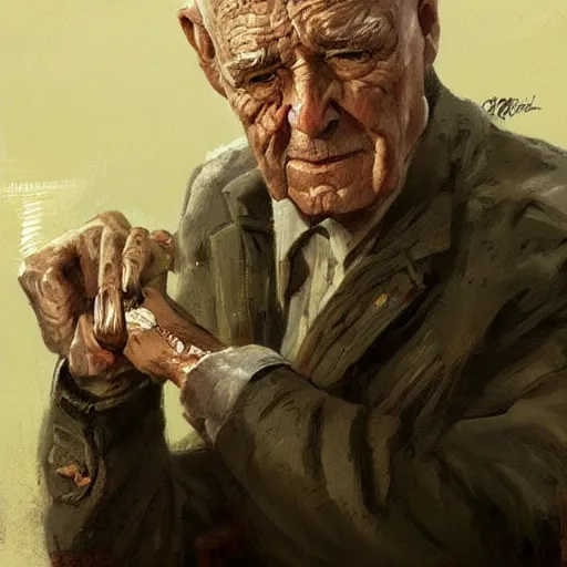 Prompt: old man portrait, ww 2 hand grenade in his left hand, he pulling pin, greg rutkowski art