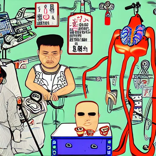 Image similar to chinese surgery operating table, in the style of daniel johnston and outsider art, 8k, line brush, overlaid with chinese adverts