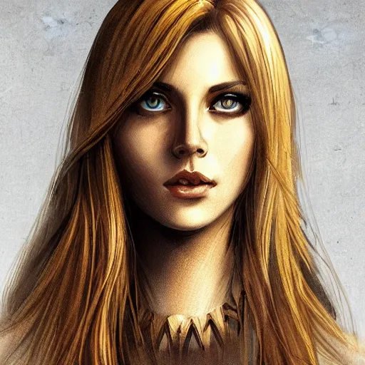 Image similar to portrait, 30 years old women :: fantasy :: amber eyes, long straight darkblond hair :: attractive, symmetric face :: brown medieval cloting, natural materials :: high detail, digital art, RPG, concept art, illustration