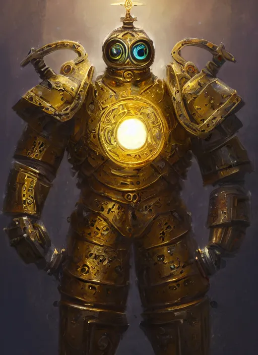 Image similar to full body, attack position abstract painting of a intricate ornate holy mechanical warforged with circular glowing eye, character in yellow armor holding a legendary paladin engraved holy great longsword and carrying a huge heavy paladin shield, vertically flat head, face in focus, epic , trending on ArtStation, masterpiece, cinematic lighting, by Ross Tran and by Greg Rutkowski