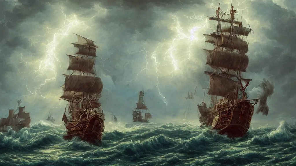 Prompt: a pirate ship in a thunderstorm, lightning is flashing around it, highly detailed oil painting, sea of theiths style, highly detailed oil painting, epic fantasy art, abstraction, masterpeice, 8k