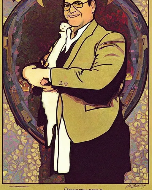 Prompt: “ george costanza!!!!!!!!!!!!! from seinfeld holding grumpy cat, halo, art nouveau, extremely detailed, by alphonse mucha ”