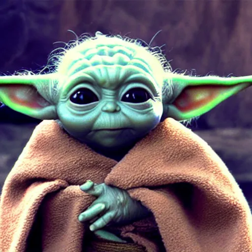 Image similar to a film still of baby yoda grown up and he is dying in battle in star wars realistic, detailed