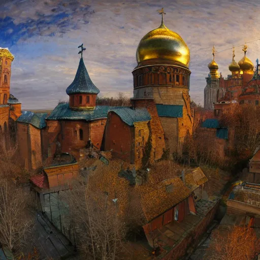 Image similar to photo beautiful ancient Slavic Russian city of Kitezh, fisheye lens, painting by Viktor Vasnetsov, concept art, magical city, fantasy cityscape, ancient Slavs, wooden buildings, ancient Russian architecture, terem, hyperborea, top cinematic lighting , cinematic mood, very detailed, 8k, high resolution, trending on artstation, artstationHD,