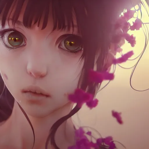 Image similar to terrifying closeup portrait of a beautiful carefree catgirl covered in strings of flowers, by katsuhiro otomo, yoshitaka amano, nico tanigawa, artgerm, greg rutkowski makoto shinkai takashi takeuchi rendered with intense 3 d effect reflective shadowing, cinematic lighting, hyperrealistic illustration uhd 8 k