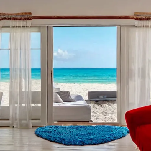 Image similar to a white interior of a house, with a bright red couch, and a blue cupboard in the background, green rug on the ground infront of the couch, and a sliding door open with the wind blowing white curtains open, and a view of a white sand beach out the door