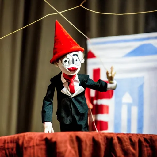 Prompt: puppeteer in puppet show using a string marionette of a president with clown makeup in a podium