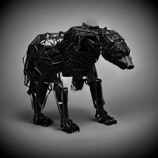 Prompt: rare classified photo, black & white, studio lighting, standing low poly fox bear, cyborg, hybrid, wood and metal, steampunk