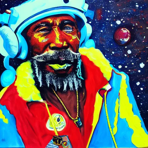 Image similar to a messy painting of Lee Scratch Perry in space. Trending on ArtStation