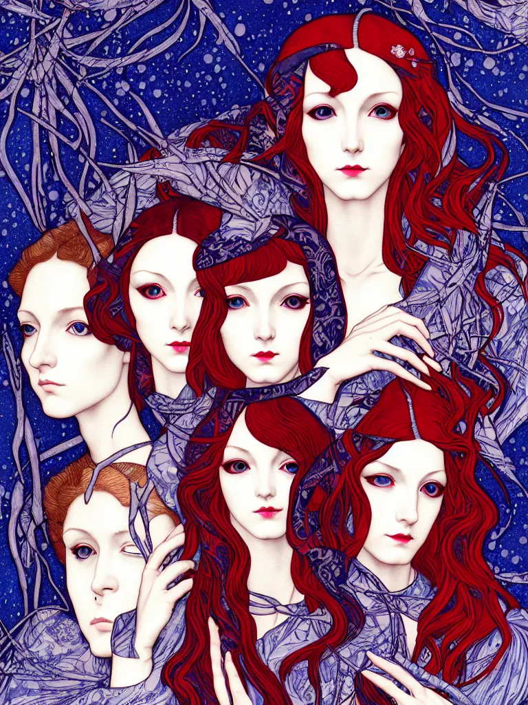 Image similar to triad of winter muses, style mix of æon flux, shepard fairey, botticelli, ivan bilibin, john singer sargent, pre - raphaelite, shoujo manga, harajuku fashion, dormant nature, snow, ice, stark colors, superfine inking, ethereal, 4 k photorealistic, arnold render