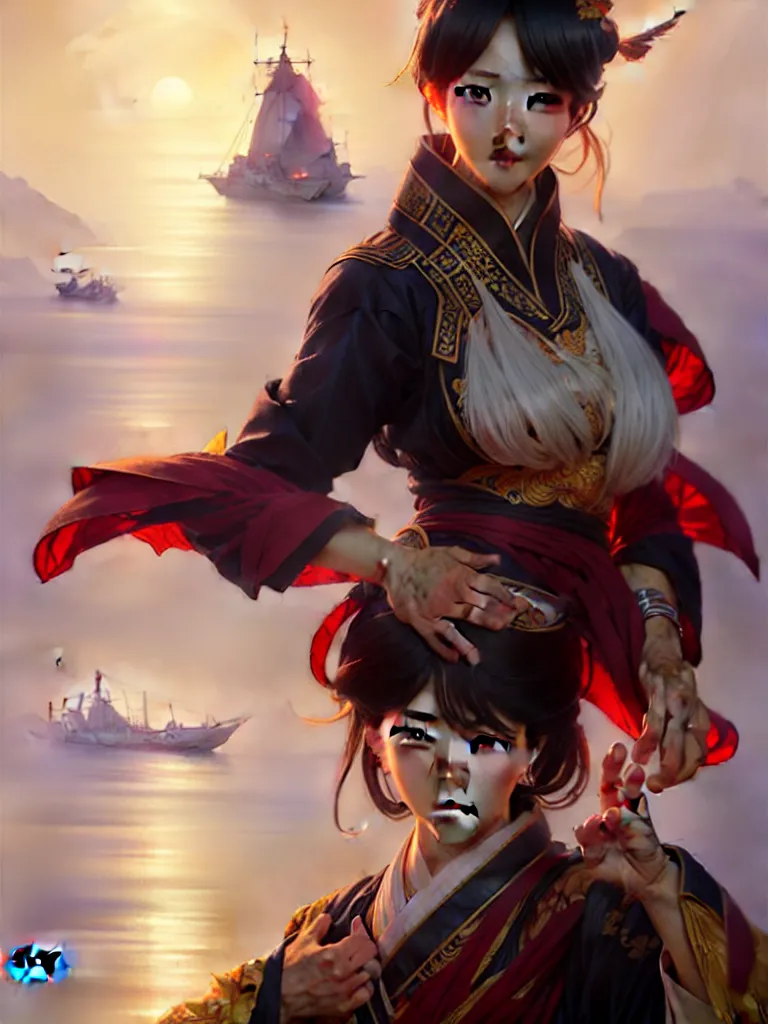 Image similar to 'Hu Tao' character in liyue harbor, Genshin Impact, fantasy, anime, manga, game art, concept art, digital painting, art by artgerm and greg rutkowski and alphonse mucha