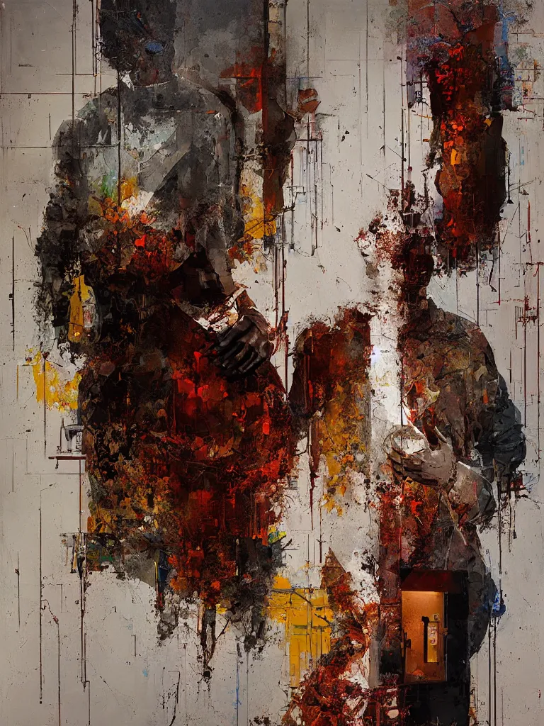 Image similar to a beautiful painting by alex kanevsky and christian hook of a couple in a glitched bathroom, metal rust and plaster materials, pixel sorting, color bleeding, brushstrokes by jeremy mann