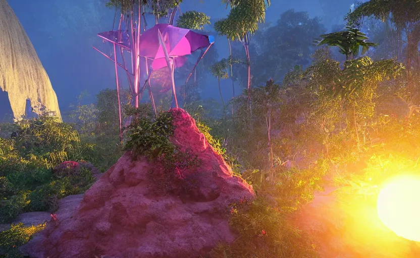 Image similar to a crystal tetrahedron!!! in the middle of ancient ruins in a lush prehistoric jungle, inside a humongous cave, red and magenta flowers, sunset, godrays, orange and blue sky, haze, volumetric lighting, a high - quality render, photorealistic, unreal engine 5