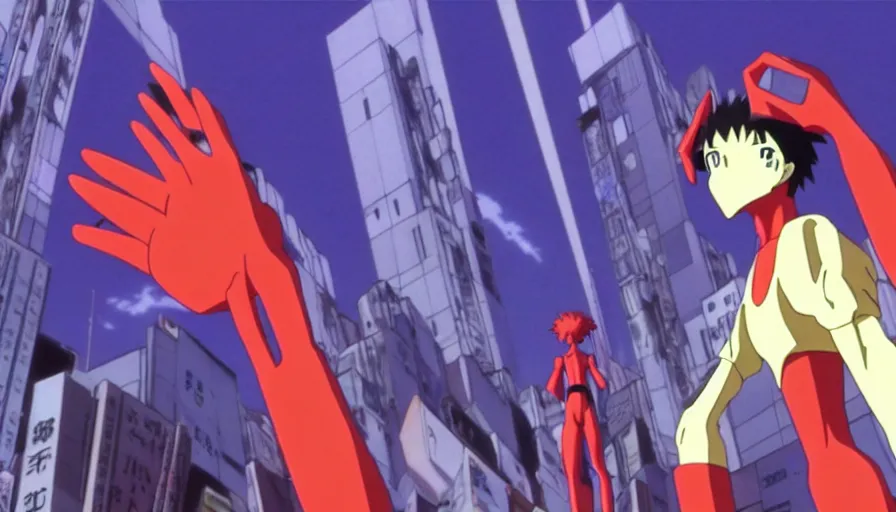 Prompt: pride rock standing in tokyo - 3 in a long shot still from the anime neon genesis evangelion, 4 k, high quality, hideaki anno anime