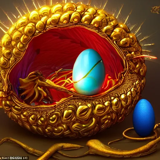 Image similar to an elaborate glowing red and blue dragon egg emerging from the blossom of a metallic gold flower with tendrils of gold wrapping around the egg, fantasy concept art