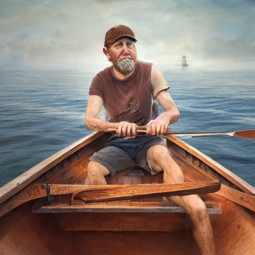 Image similar to hyperrealistic mixed media image of Early Cuyler on a rowboat, stunning 3d render inspired art by István Sándorfi and Greg Rutkowski, perfect facial symmetry, realistic, highly detailed attributes and atmosphere, dim volumetric cinematic lighting, 8k octane extremely hyper-detailed render, post-processing, masterpiece,