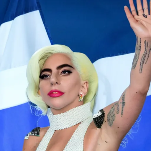 Image similar to Lady Gaga presidente of Argentina, Argentina flag behind, bokeh, detailed, hd, waving hands