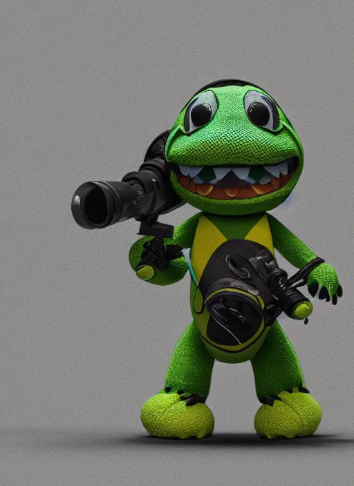 Image similar to a cute plush alligator, fluffy, cartoony, wearing nike sneakers, holding a bazooka, black backround, hyper detailed, octane render 🤣