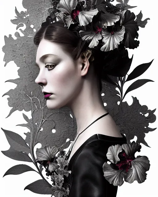 Image similar to monochrome profile portrait painting, dutch masters, silver lace floral steampunk biomechanical beautiful young female cyborg with one techno eye, volumetric light, leaves foliage and stems, hibiscus flowers, sinuous fine roots, fine foliage lace, alexander mcqueen, rim light, big gothic fashion pearl embroidered collar, 8 k