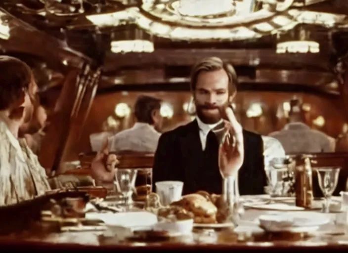 Prompt: movie still of PewDiePie sitting at a table, titanic ship interior, directed by Quintin Tarantino