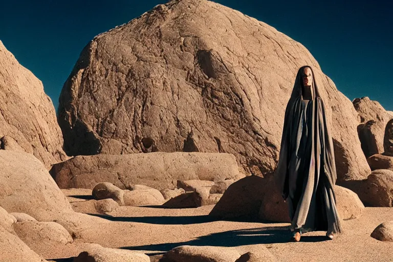 Prompt: levitating glowing bene gesserit in a dry rocky desert landscape, visible sky and sunny atmosphere, fata morgana giant mirrors, black star in the sky, giger space ships in the sky by alejandro jodorowsky, christopher doyle, anamorphic lens flares, kodakchrome, portra, film grain, cinematic composition, practical effects, 8 k,