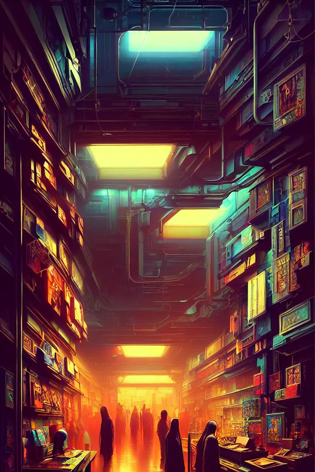 Prompt: masterpiece, beautiful highly detailed postmodern cyberpunk art bazaar, miscellaneous art shoppe stall, interior of cyberpunk bazaar, cinematic moody colors, welcome, to the shop, realistic shaded lighting poster by ilya kuvshinov, magali villeneuve, artgerm, jeremy lipkin and michael garmash, liminal space market