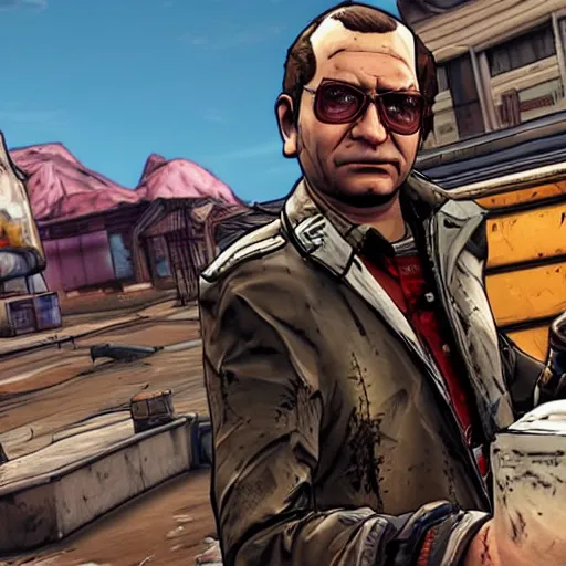 Prompt: a screenshot of frank reynolds in the video game borderlands 2. 3 d rendering, unreal engine. amazing likeness. very detailed. cartoon caricature