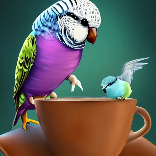 Image similar to fantasy painting of a budgie holsing a cup of tea, award winning, stylized, artstation, hd