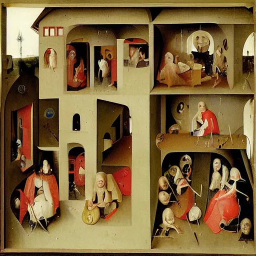 Prompt: humans living in a doll house by Hieronymus Bosch