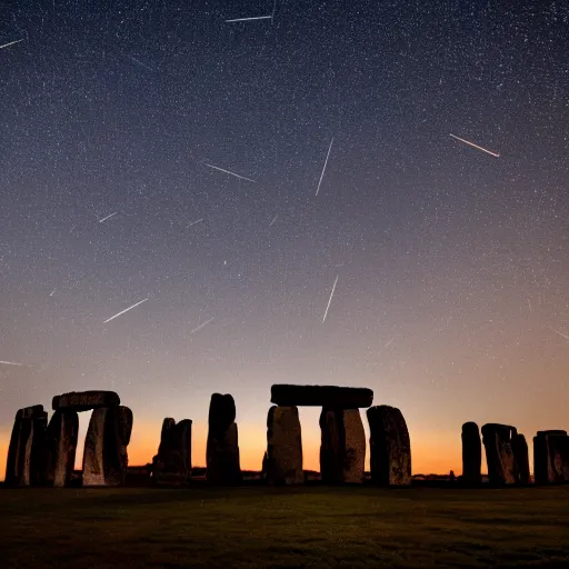 Prompt: a high - quality photo of the perseid meteor shower over stonehenge, long exposure, iso 1 6 0 0, astrophotography, f 2. 8